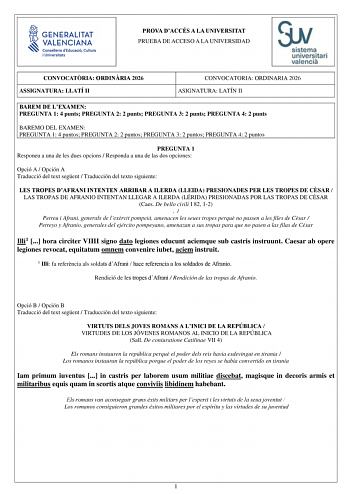 Latín II – PAU Comunidad Valenciana (2026)