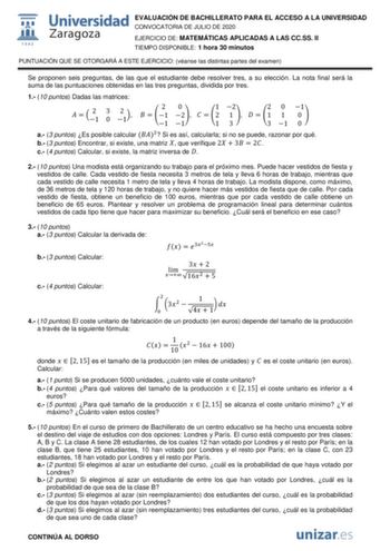 Examen de Matemáticas Aplicadas a las Ciencias Sociales (EvAU de 2020)