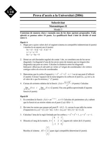 Examen de Matemáticas II (selectividad de 2006)