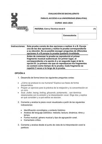 Examen de Coro y Técnica Vocal (EBAU de 2024)