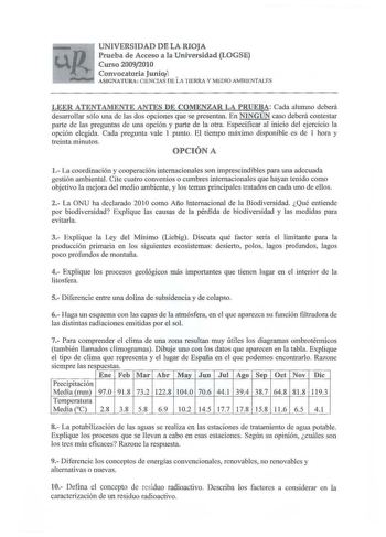 Examen de Ciencias de la Tierra y Medioambientales (PAU de 2010)