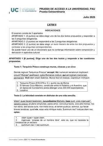 Examen de Latín II (EBAU de 2025)