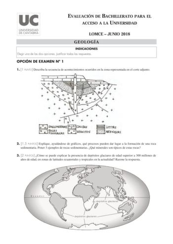 EVALUACIÓN DE BACHILLERATO PARA EL ACCESO A LA UNIVERSIDAD LOMCE  JUNIO 2018 GEOLOGÍA INDICACIONES Elegir una de las dos opciones Justificar todas las respuestas OPCIÓN DE EXAMEN N 1 1 1 PUNTO Describa la secuencia de acontecimientos ocurridos en la zona representada en el corte adjunto 2 15 PUNTOS Explique ayudándose de gráficos qué procesos pueden dar lugar a la formación de una roca sedimentaria Poner 3 ejemplos de rocas sedimentarias Qué minerales son típicos de estas rocas 3 2 PUNTOS Cómo …