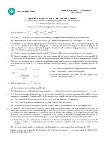 Examen de Matemáticas Aplicadas a las Ciencias Sociales (selectividad de 2005)