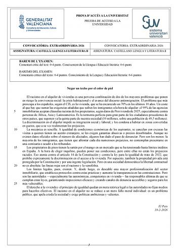Lengua Castellana y Literatura – PAU Comunidad Valenciana (2026)