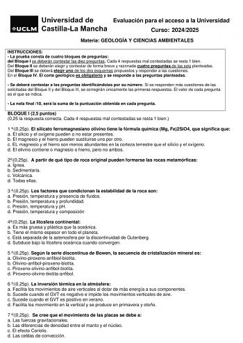 Examen de Geología y Ciencias Ambientales (EvAU de 2025)