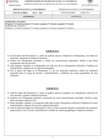 VALENCIANA CONSELLERIA DEDUCACIÓ COMISSIÓ GESTORA DE LES PROVES DACCÉS A LA UNIVERSITAT COM ISIÓN GESTORA DELASPRUEBASDEACCESO A LA UNIVERSIDAD   I l  SISTEMA UNIVERSITARI VALENCIA SISTEMA IJNIVERSITARIO VALENfIANO PROVES DACCÉS A LA UNIVERSITAT CONVOCATRIA JUNY 2011 PRUEBAS DE ACCESO A LA UNIVERSIDAD CONVOCATORIA JUNIO 2011 GEOGRAFIA GEOGRAFÍA BAREM DE LEXAMEN Pregunta125puntspregunta225puntspregunta325puntspregunta425punts BAREM O DELEXAM EN Pregunta 125 puntos pregunta 225 puntos pregunta 32…