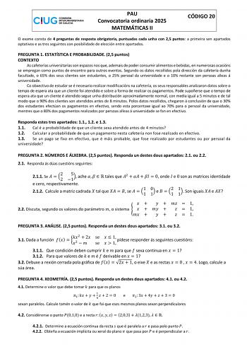 Examen de Matemáticas II (ABAU de 2025)