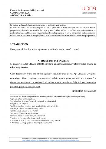 Examen de Latín II (EvAU de 2025)
