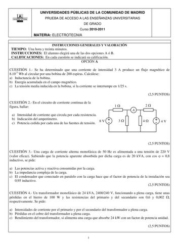 Examen de Electrotecnia (PAU de 2011)