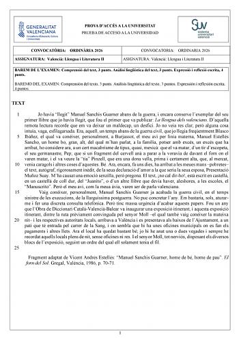 Lengua y Literatura (Valenciano) – PAU Comunidad Valenciana (2026)