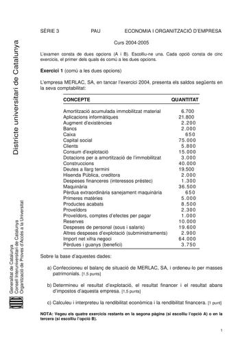 SRIE 3 PAU ECONOMIA I ORGANITZACIÓ DEMPRESA Districte universitari de Catalunya Curs 20042005 Lexamen consta de dues opcions A i B Escolliune una Cada opció consta de cinc exercicis el primer dels quals és comú a les dues opcions Exercici 1 comú a les dues opcions Lempresa MERLAC SA en tancar lexercici 2004 presenta els saldos segents en la seva comptabilitat CONCEPTE QUANTITAT Amortització acumulada immobilitzat material Aplicacions informtiques Augment dexistncies Bancs Caixa Capital social C…