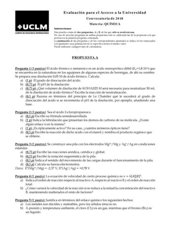 Examen de Química (EvAU de 2018)