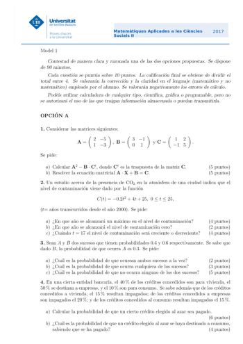 Examen de Matemáticas Aplicadas a las Ciencias Sociales (PBAU de 2017)
