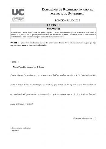 Examen de Latín II (EBAU de 2022)