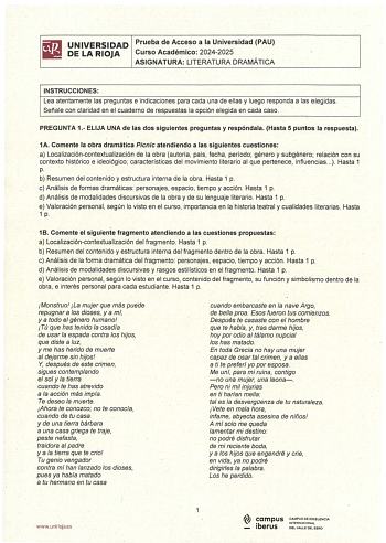 Examen de Literatura Dramática (EBAU de 2025)