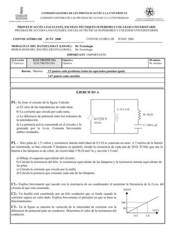 GENERALITAT VALENCIANA ONHLLIIIA D IDUHIÓ COMISSIÓ GESTORA DE LES PROVES DACCÉS A LA UNIVERSITAT COMISIÓN GESTORA DE LAS PRUEBAS DE ACCESO A LA UNIVERSIDAD PROVES DACCÉS A FACULTATS ESCOLES TCNIQUES SUPERIORS I COLLEGIS UNIVERSITARIS PRUEBAS DE ACCESO A FACULTADES ESCUELAS TÉCNICAS SUPERIORES Y COLEGIOS UNIVERSITARIOS CONVOCATRIA DE JUNY 2008 CONVOCATORIA DE JUNIO 2008 MODALITAT DEL BATXILLERAT LOGSE De Tecnologia MODALIDAD DEL BACHILLERATO LOGSE De Tecnología IMPORTANT  IMPORTANTE 2n Exercici …