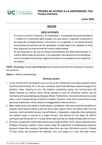 Examen de Inglés (EBAU de 2025)