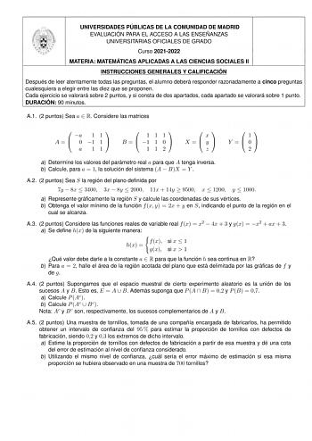 Examen de Matemáticas Aplicadas a las Ciencias Sociales (EvAU de 2022)