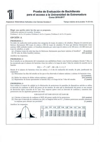 Examen de Matemáticas Aplicadas a las Ciencias Sociales (EBAU de 2017)