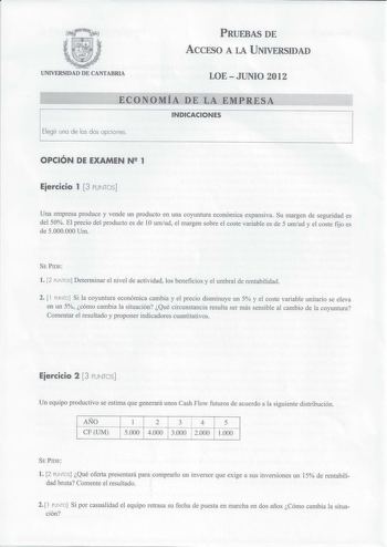 Examen de Economía de la Empresa (PAU de 2012)