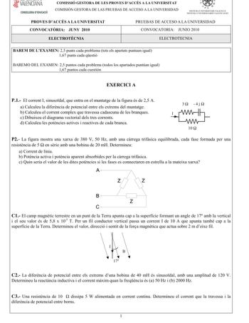 Examen de Electrotecnia (PAU de 2010)