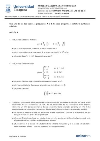 Examen de Matemáticas Aplicadas a las Ciencias Sociales (PAU de 2015)