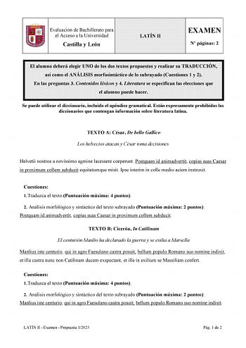 Examen de Latín II (EBAU de 2023)