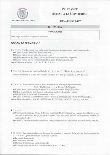 Examen de Química (PAU de 2012)