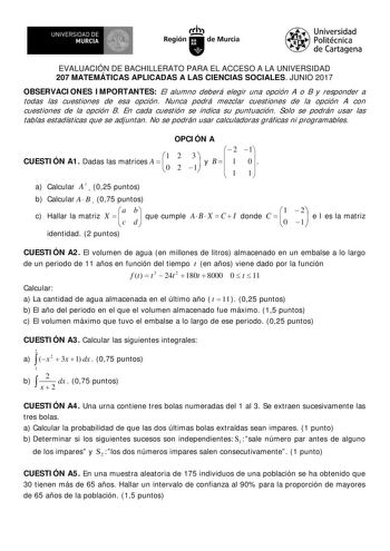 Examen de Matemáticas Aplicadas a las Ciencias Sociales (EBAU de 2017)