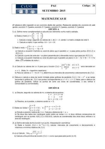 Examen de Matemáticas II (PAU de 2015)