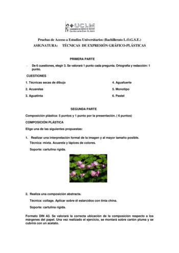 11JMJ IIIIIIID tWlUlIA aAnitfl Centnario Don Ouiiote Pruebas de Acceso a Estudios Universitarios Bachillerato LOGSE ASIGNATURA TÉCNICAS DE EXPRESIÓN GRÁFICOPLÁSTICAS PRIMERA PARTE  De 6 cuestiones elegir 3 Se valorará 1 punto cada pregunta Ortografía y redacción 1 punto CUESTIONES 1 Técnicas secas de dibujo 4 Aguafuerte 2 Acuarelas 5 Monotipo 3 Aguatinta 6 Pastel SEGUNDA PARTE Composición plástica 5 puntos y 1 punto por la presentación  6 puntos COMPOSICIÓN PLÁSTICA Elige una de las siguientes …