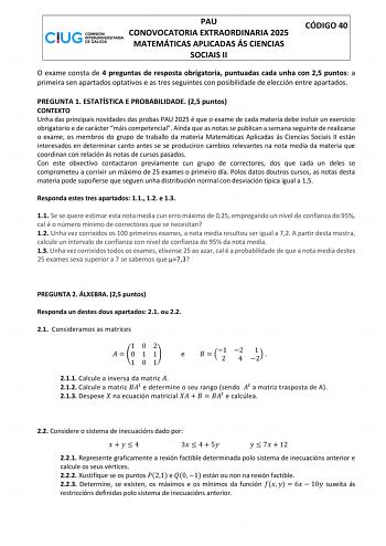 Examen de Matemáticas Aplicadas a las Ciencias Sociales (ABAU de 2025)