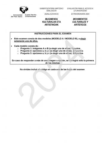 Examen de Movimientos Culturales y Artísticos (EAU de 2024)