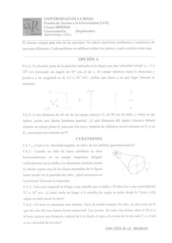 Examen de Física (PAU de 2010)