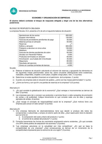 UNIVERSIDAD DE OVIEDO PRUEBAS DE ACCESO A LA UNIVERSIDAD Curso 20052006 ECONOMÍA Y ORGANIZACIÓN DE EMPRESAS El alumno deberá contestar al bloque de respuesta obligada y elegir una de las dos alternativas posteriores BLOQUE DE RESPUESTA OBLIGADA La empresa Novalux SA presenta a fin de año el siguiente balance de situación Aportaciones de los socios Equipos informáticos Facturas de proveedores pendientes de pago Materias primas en almacén Reservas Edificio y almacén Préstamo a devolver en cinco a…