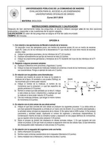 UNIVERSIDADES PÚBLICAS DE LA COMUNIDAD DE MADRID EVALUACIÓN PARA EL ACCESO A LAS ENSEÑANZAS UNIVERSITARIAS OFICIALES DE GRADO Curso 20172018 MATERIA BIOLOGÍA INSTRUCCIONES GENERALES Y CALIFICACIÓN Después de leer atentamente todas las preguntas el alumno deberá escoger una de las dos opciones propuestas y responder a las cuestiones de la opción elegida CALIFICACIÓN El valor de las preguntas se asigna al final de cada enunciado TIEMPO 90 minutos OPCIÓN A 1 Con relación a las aportaciones de Mend…