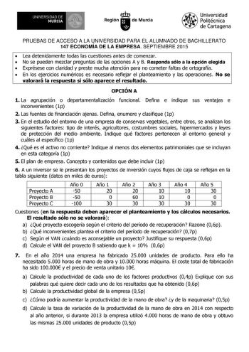 Examen de Economía de la Empresa (PAU de 2015)