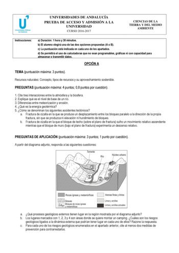 UNIVERSIDADES DE ANDALUCÍA PRUEBA DE ACCESO Y ADMISIÓN A LA UNIVERSIDAD CURSO 20162017 CIENCIAS DE LA TIERRA Y DEL MEDIO AMBIENTE Instrucciones a Duración 1 hora y 30 minutos b El alumno elegirá una de las dos opciones propuestas A o B c La puntuación está indicada en cada uno de los apartados d Se permitirá el uso de calculadoras que no sean programables gráficas ni con capacidad para almacenar o transmitir datos OPCIÓN A TEMA puntuación máxima 3 puntos Recursos naturales Concepto tipos de rec…