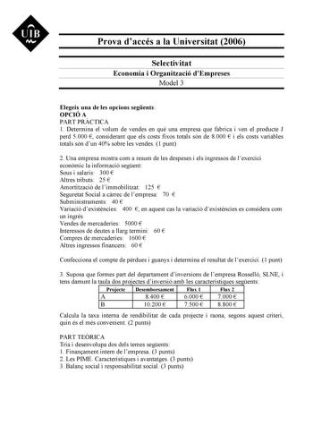 Prova daccés a la Universitat 2006 Selectivitat Economia i Organització dEmpreses Model 3 Elegeix una de les opcions segents OPCIÓ A PART PRCTICA 1 Determina el volum de vendes en qu una empresa que fabrica i ven el producte J perd 5000  considerant que els costs fixos totals són de 8000  i els costs variables totals són dun 40 sobre les vendes 1 punt 2 Una empresa mostra com a resum de les despeses i els ingressos de lexercici econmic la informació segent Sous i salaris 300  Altres tributs 25 …