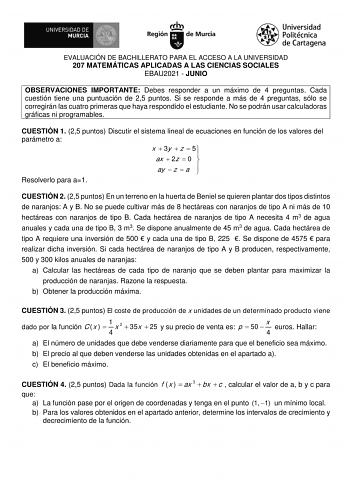 Examen de Matemáticas Aplicadas a las Ciencias Sociales (EBAU de 2021)