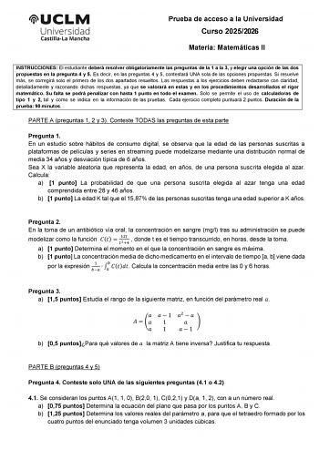 Matemáticas II – EvAU Castilla-La Mancha (2026)