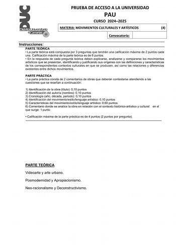 Examen de Movimientos Culturales y Artísticos (EBAU de 2025)
