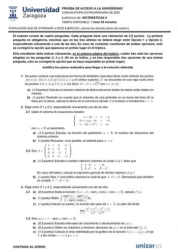 Examen de Matemáticas II (EvAU de 2025)