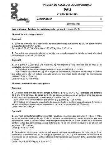 Examen de Física (EBAU de 2025)