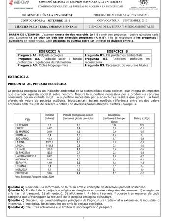 í     VALENCIANA CONSELLERIA DEDUCACIÓ COMISSIÓ GESTORA DE LES PROVES DACCÉS A LA UNIVERSITAT COMISIÓN GESTORA DE LAS PRUEBAS DE ACCESO A LA UNIVERSIDAD  111  SISTEMA UNIVERSITARI VALENCIÁ SISTE1VIA lJNIVERSITARIO VALENCIANO PROVES DACCÉS A LA UNIVERSITAT CONVOCATRIA SETEMBRE 2010 PRUEBAS DE ACCESO A LA UNIVERSIDAD CONVOCATORIA SEPTIEMBRE 2010 CINCIES DE LA TERRA I MEDIAMBIENTALS CIENCIAS DE LA TIERRA Y MEDIOAMBIENTALES 50  01 HDPHQ FRQVWD GH GRV HHUFLFLV  L  DPE WUHV SUHJXQWHV L TXDWUH THVWLRQ…