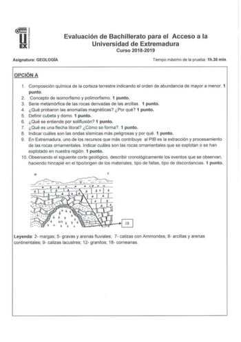 u EX Evaluación de Bachillerato para el Acceso a la Universidad de Extremadura Curso 20182019 Asignatura GEOLOGÍA Tiempo máximo de la prueba 1h30 min OPCIÓN A 1 Composición química de la corteza terrestre indicando el orden de abundancia de mayor a menor 1 punto 2 Concepto de isomorfismo y polimorfismo 1 punto  3 Serie metamórfica de las rocas derivadas de las arcillas 1 punto 4  Qué probaron las anomalías magnéticas Por qué 1 punto 5 Definir cubeta y domo 1 punto 6 Qué se entiende por soliflux…