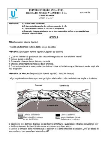 UNIVERSIDADES DE ANDALUCÍA PRUEBA DE ACCESO Y ADMISIÓN A LA UNIVERSIDAD CURSO 20162017 GEOLOGÍA Instrucciones a Duración 1 hora y 30 minutos b El alumno elegirá una de las dos opciones propuestas A o B c La puntuación está indicada en cada uno de los apartados d Se permitirá el uso de calculadoras que no sean programables gráficas ni con capacidad para almacenar o transmitir datos OPCIÓN A TEMA puntuación máxima 3 puntos Procesos gravitacionales factores tipos y riesgos asociados PREGUNTAS punt…