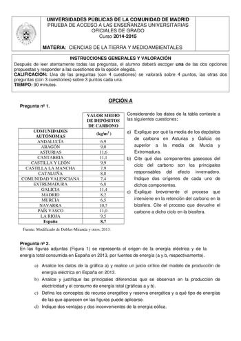 UNIVERSIDADES PÚBLICAS DE LA COMUNIDAD DE MADRID PRUEBA DE ACCESO A LAS ENSEÑANZAS UNIVERSITARIAS OFICIALES DE GRADO Curso 20142015 MATERIA CIENCIAS DE LA TIERRA Y MEDIOAMBIENTALES INSTRUCCIONES GENERALES Y VALORACIÓN Después de leer atentamente todas las preguntas el alumno deberá escoger una de las dos opciones propuestas y responder a las cuestiones de la opción elegida CALIFICACIÓN Una de las preguntas con 4 cuestiones se valorará sobre 4 puntos las otras dos preguntas con 3 cuestiones sobr…