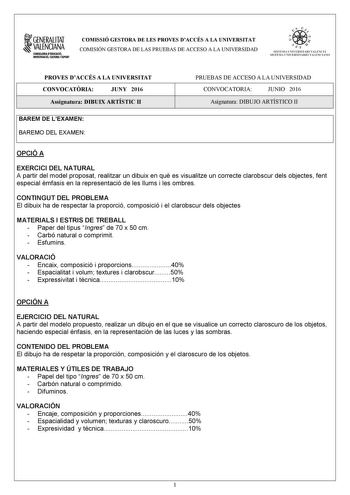 1GENERALITAT  VALENCIANA CONSlllflllA DIDUCACIÓ INVISTIGACIÓ CUITIIIA IISlOIT COMISSIÓ GESTORA DE LES PROVES DACCÉS A LA UNIVERSITAT COMISIÓN GESTORA DE LAS PRUEBAS DE ACCESO A LA UNIVERSIDAD    11  SISTElIA UNIVERSITARJ VA LENCI Á SISTEMA UNIVERSITARIO VA LENCIANO PROVES DACCÉS A LA UNIVERSITAT CONVOCATRIA JUNY 2016 Assignatura DIBUIX ARTÍSTIC II BAREM DE LEXAMEN BAREMO DEL EXAMEN PRUEBAS DE ACCESO A LA UNIVERSIDAD CONVOCATORIA JUNIO 2016 Asignatura DIBUJO ARTÍSTICO II OPCIÓ A EXERCICI DEL NAT…